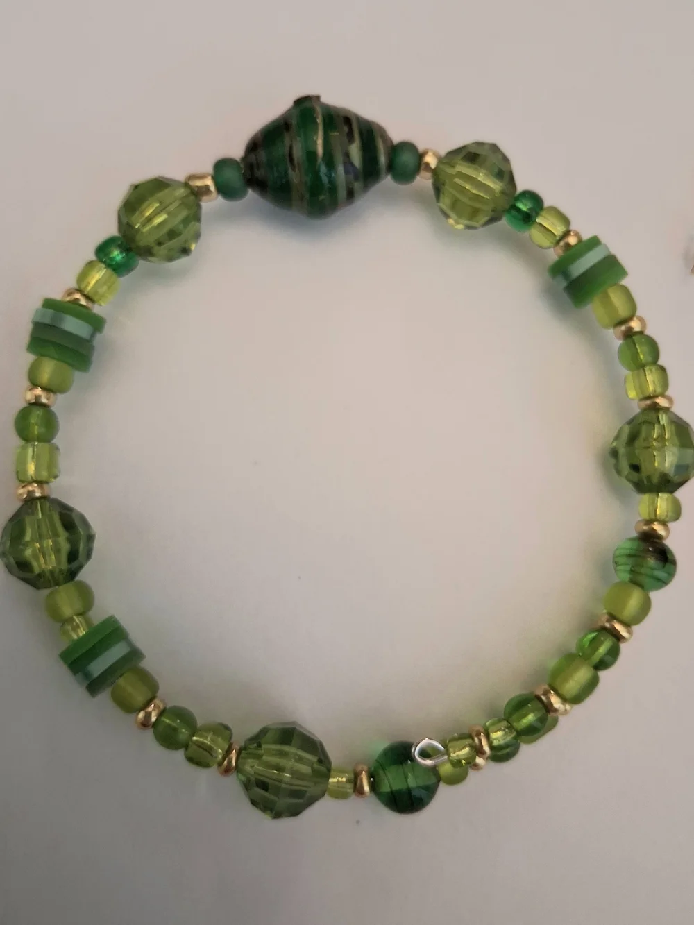 Green Glass Bead Bracelet & Earrings Set W/Gold Tones - Handmade